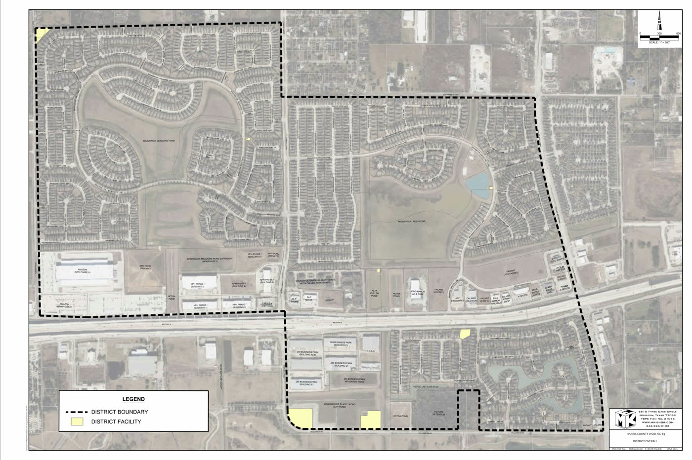 Engineering plot titled Harris County WCID No. 89, District Overall. A desaturated aerial photograph of the district with a heavy dashed line marking the boundary and yellow shapes marking district facilities.